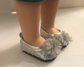 Silver Sequined Flats with flowers sized for 14" & 14.5" play dolls like Wellie Wishers and Hearts for Hearts dolls.