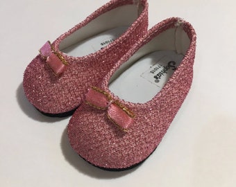 Pink Glitter shoes with a bow and gold accents.  Sized for 18 inch play dolls like American Girl or My Life As.