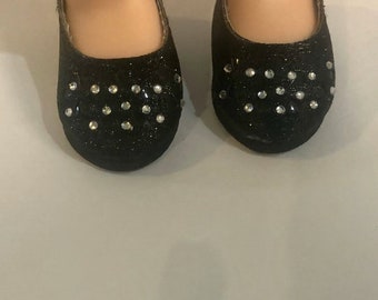 Black Glitter Flats with silver bling sized for 14" & 14.5" play dolls like Wellie Wishers and Hearts for Hearts dolls.