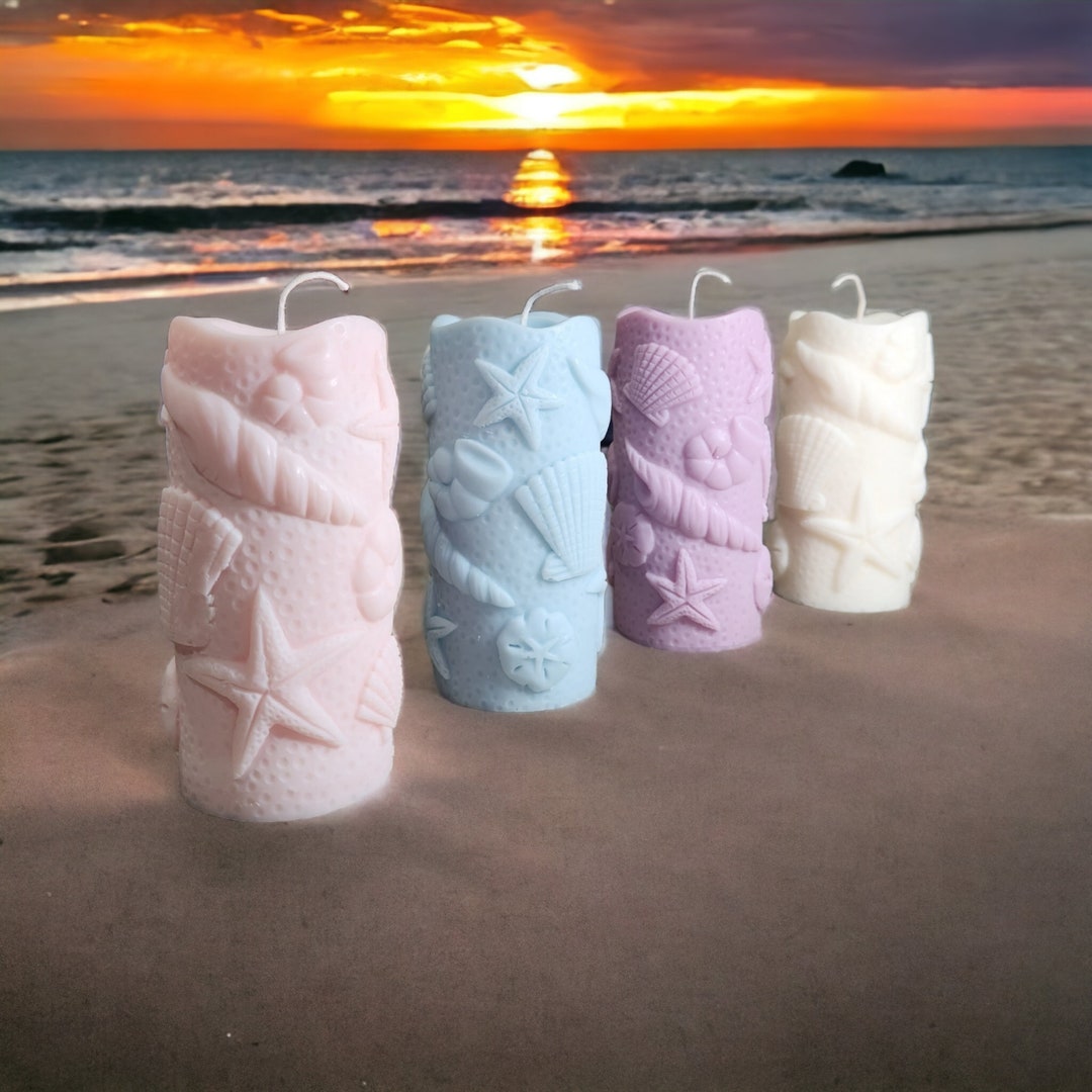 Seashells Pillar Candle Ocean Candle Seashells Decor Ocean Decor Etsy