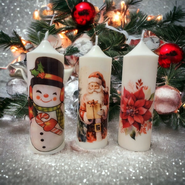 Christmas Pillar Candles, Santa Candle, Holiday Candles, Home Decor Candles, Snowman Candle, Christmas Bells Candle, Holiday Decor