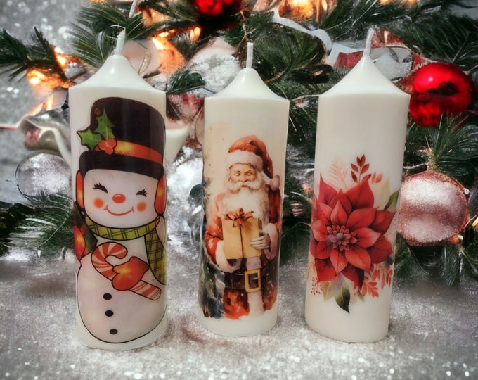 Christmas Pillar Candles, Santa Candle, Holiday Candles, Home Decor Candles, Snowman Candle, Christmas Bells Candle, Holiday Decor