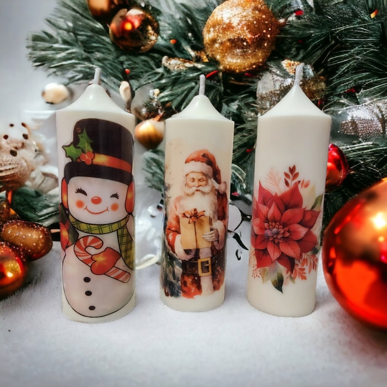 Christmas Pillar Candles, Santa Candle, Holiday Candles, Home Decor Candles, Snowman Candle