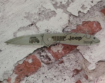 Personalized Kershaw Leek 1660 pocket knife - colorful laser engraved JEEP and TOPO PATTERN with optional custom engraving.
