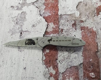 Personalized Kershaw Leek 1660 pocket knife - colorful laser engraved BRONCO and TOPO PATTERN with optional custom engraving.