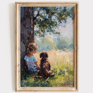 Vintage Girls Room Art, Oil Painting Digital Download, Girl and Dog Under Tree, Girl Nursery Artwork, Printable Wall Decor, Artful Art