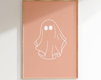 May include: A peach-coloured printable art print with a white outline of a ghost with two eyes.