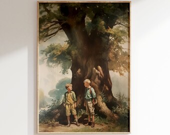 Vintage Boys Room Art, Digital Download, Printable Wall Artful Decor, Antique Print Oak Tree Rustic Farmhouse Nursery Bedroom Oil Painting