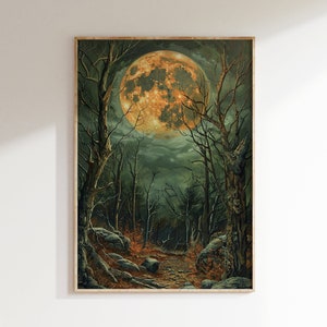 Spooky Halloween Forest Print Download, Full Moon Painting, Creepy Haunted Woods Wall Art, Fall Digital Printable Decor, Art for Halloween