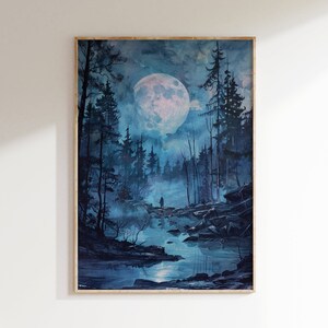 Spooky Halloween Forest Print Download, Full Moon Painting, Creepy Haunted Woods Wall Art, Fall Digital Printable Decor, Art for Halloween