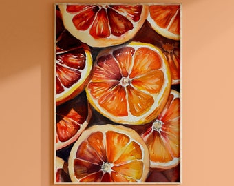Descarga de impresión de naranja sanguina, pintura de acuarela arte de pared digital, decoración ecléctica de cocina, rebanadas de frutas imprimibles, obras de arte descargables
