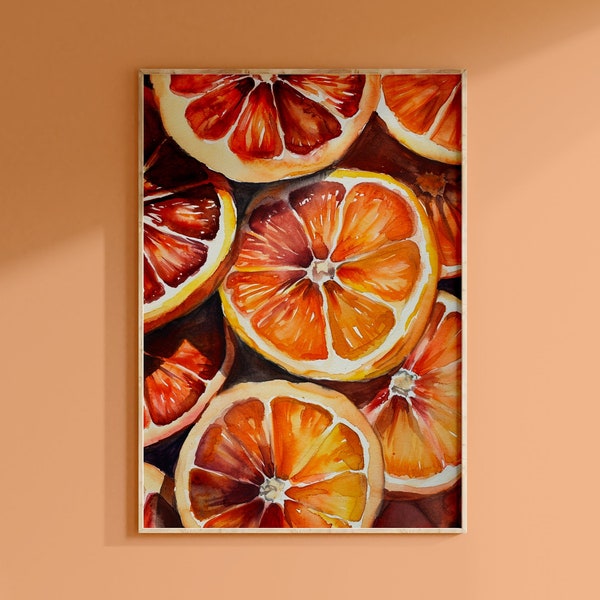 Blood Orange Print Download, Watercolor Painting Digital Wall Art, Kitchen Eclectic Decor, Slices Fruit Printable Downloadable Artwork