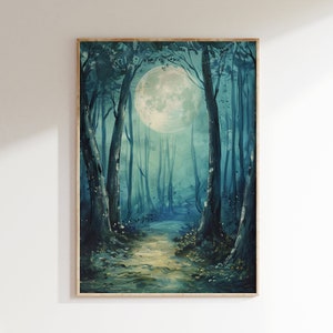 Spooky Halloween Forest Print Download, Full Moon Painting, Creepy Haunted Woods Wall Art, Fall Digital Printable Decor, Art for Halloween