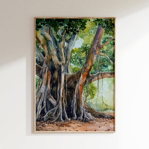 バンヤンツリーの絵画のダウンロード、自然の水彩画プリント、印刷可能なバンヤンツリーの壁アート装飾