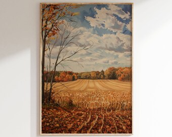Vintage Fall Landscape Art Download, Autumn Oil Painting, Rustic Farmhouse Printable Wall Decor, Country Art for Fall, Digital Print