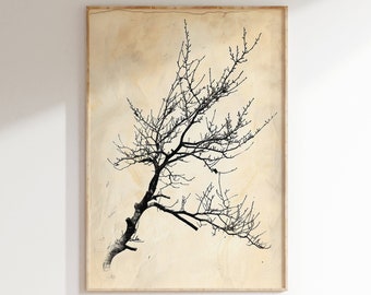 May include: A black and white illustration of a bare tree branch with a textured background.