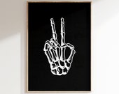 Halloween Wall Art Skeleton Peace Sign Hand, Digital Download, Printable Wall Art Fall Decor Moody Dark Black and White, Bones Spooky