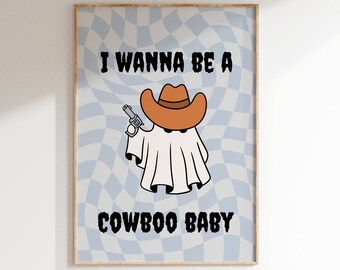 Halloween Decor Ghost Print, Cute Graphic Digital Download, Cowboy Boo, Fall Decoration Kids Room Dorm, Autumn Printable Wall  Text Art