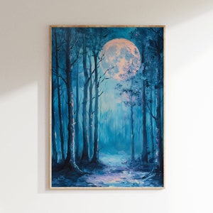 Spooky Halloween Forest Print Download, Full Moon Painting, Creepy Haunted Woods Wall Art, Fall Digital Printable Decor, Art for Halloween