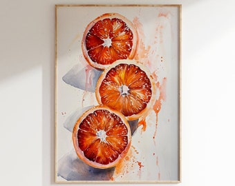 Descarga de impresión de naranja sanguina, pintura de acuarela arte de pared digital, decoración ecléctica de cocina, rebanadas de frutas imprimibles, obras de arte descargables