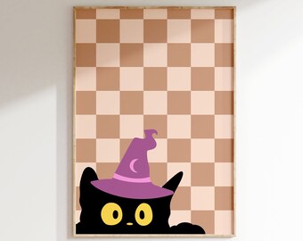 Black Cat Halloween Art Print Download, Printable Wall Decor Fall, Kids Room Cute Party Decoration, Witch Hat Checkered Neautral Graphic