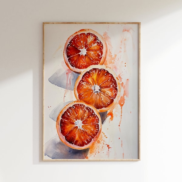Blood Orange Print Download, Watercolor Painting Digital Wall Art, Kitchen Eclectic Decor, Slices Fruit Printable Downloadable Artwork
