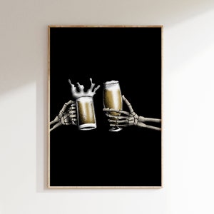 Skeleton Cheers Wall Art, Halloween Fall Spooky Funny Bar Decor Print, Adult Digital Printable Beer Graphic Poster Drinking Alcohol