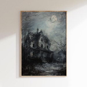 Descarga de arte mural de Halloween, pintura de casa embrujada, decoración otoñal espeluznante, impresión digital de obras de arte otoñales, decoración melancólica de Dark Academia