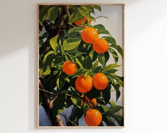 Descarga de arte de cocina de naranjo, decoración de pared imprimible, impresión digital de pintura de bodegones, comedor, fruta