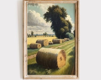 Hay Bales Painting Download | Vintage oil Painting Printable Wall Art | Bales of Hay in a Field | Rustic Farm Antique Art