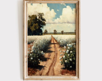 Cotton Field Painting Download | Vintage Oil Painting | Printable Wall Art | Digital Download | Rustic Farm Country Antique