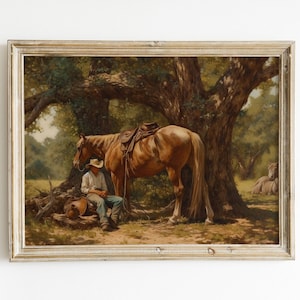 Vintage Western Cowboy Painting Download | Rustic Digital Print | Horse Printable Wall Art | Antique Décor