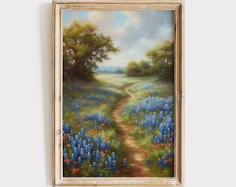 Nedladdning av målning med Bluebonnet | Konsttryck av Texas landskap | Digitalt tryck med Bluebonnet | Utskrivbar väggdekoration med vildblommor | Bondgård