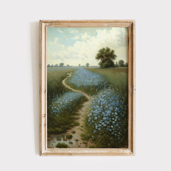 Vintage Blue Wild Flower Field Oil Painting Download | Printable Wall Art | Digital Download | Rustic Farmhouse Spring Meadow Art