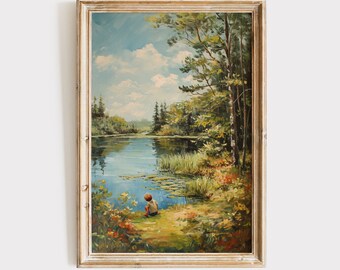 Vintage Wall Art Download | Boy by Pond | Summer Decor Print | Boys Nursery Printable Digital Painting | Antique Instant Downloadable Nature