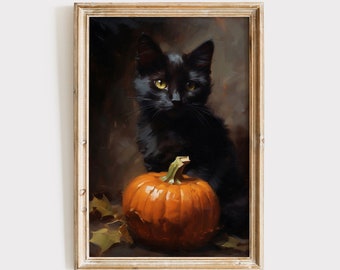 Black Cat Pumpkin Print Download, Halloween Decor Print Painting, Fall Autumn Spooky Moody Printable Wall Art, Vintage Dark Academia