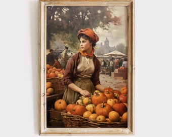Vintage Fall Wall Art, Rustic Woman Pumpkin Print, Autumn Thanksgiving Decor, Printable Digital Download, Oil Painting, Antique Farmhouse