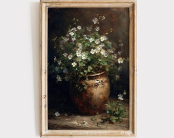 Vintage White Flowers Painting Download | Moody Potted Flower Artwork | Digital Print | Printable Wall Art | Botanical Floral Antique Décor