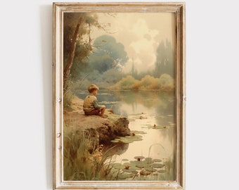 Vintage Boys Room Wall Art Download, Boy by Pond Oil Painting, Diigital Print, Printable Wall Art, Nursery Decor, Rustic Antique Farmhouse