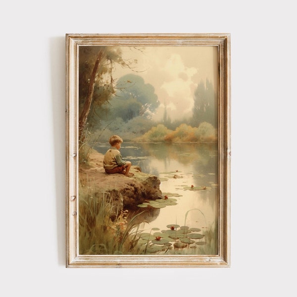Vintage Wall Art Download, Boy by Pond, Summer Decor Print, Boys Artful Nursery Printable Digital Painting, Antique Instant Downloadable