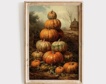Fall Pumpkin Digital Print, Autumn Decor Vintage Pumpkins Oil Painting Download, Printable Wall Art Halloween Fall Farmhouse Antique Rustic