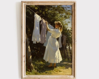 Clothesline Painting Download | Vintage Laundry Room Art Print | Printable Wall Art | Digital Print | Rustic Antique Farmhouse Decor