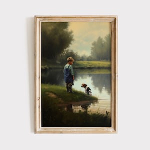 Junge und Hund von Teich Ölgemälde Digitaldruck | Jungen Kinderzimmer Vintage Antik Bauernhaus Dekor | Druckbare Wandkunst Download | Rustikaler Welpe