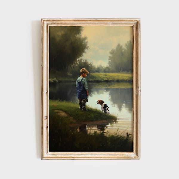 Boy and Dog by Pond Oil Painting Digital Print | Boys Nursery Vintage Antique Farmhouse Decor | Printable Wall Art Download | Rustic Puppy