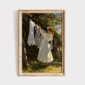 Clothesline Painting Download | Vintage Laundry Room Art Print | Printable Wall Art | Digital Print | Rustic Antique Farmhouse Decor