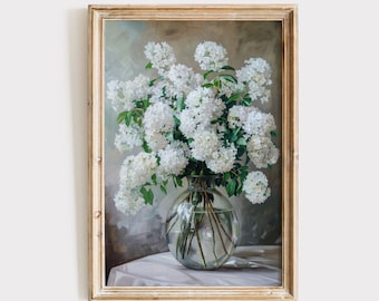 ヴィンテージの白い花の絵画のダウンロード、花柄の印刷可能な壁アート、デジタルプリント、アンティークな装飾、春の素朴なアートワーク、油絵