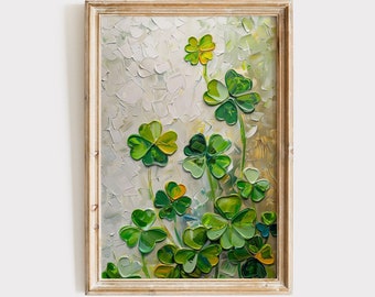 May include: A framed painting of a cluster of green four-leaf clovers on a white background. The clovers are painted in a textured style, giving the painting a three-dimensional effect.