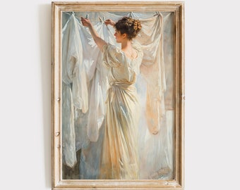 Clothesline Painting Download | Vintage Laundry Room Art Print | Printable Wall Art | Digital Print | Rustic Antique Farmhouse Decor