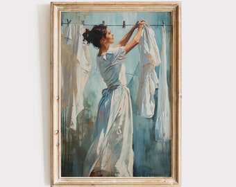 Clothesline Painting Download | Vintage Laundry Room Art Print | Printable Wall Art | Digital Print | Rustic Antique Farmhouse Decor