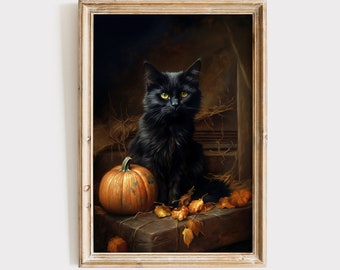 Black Cat Pumpkin Print Download, Halloween Decor Print Painting, Fall Autumn Spooky Moody Printable Wall Art, Vintage Dark Academia